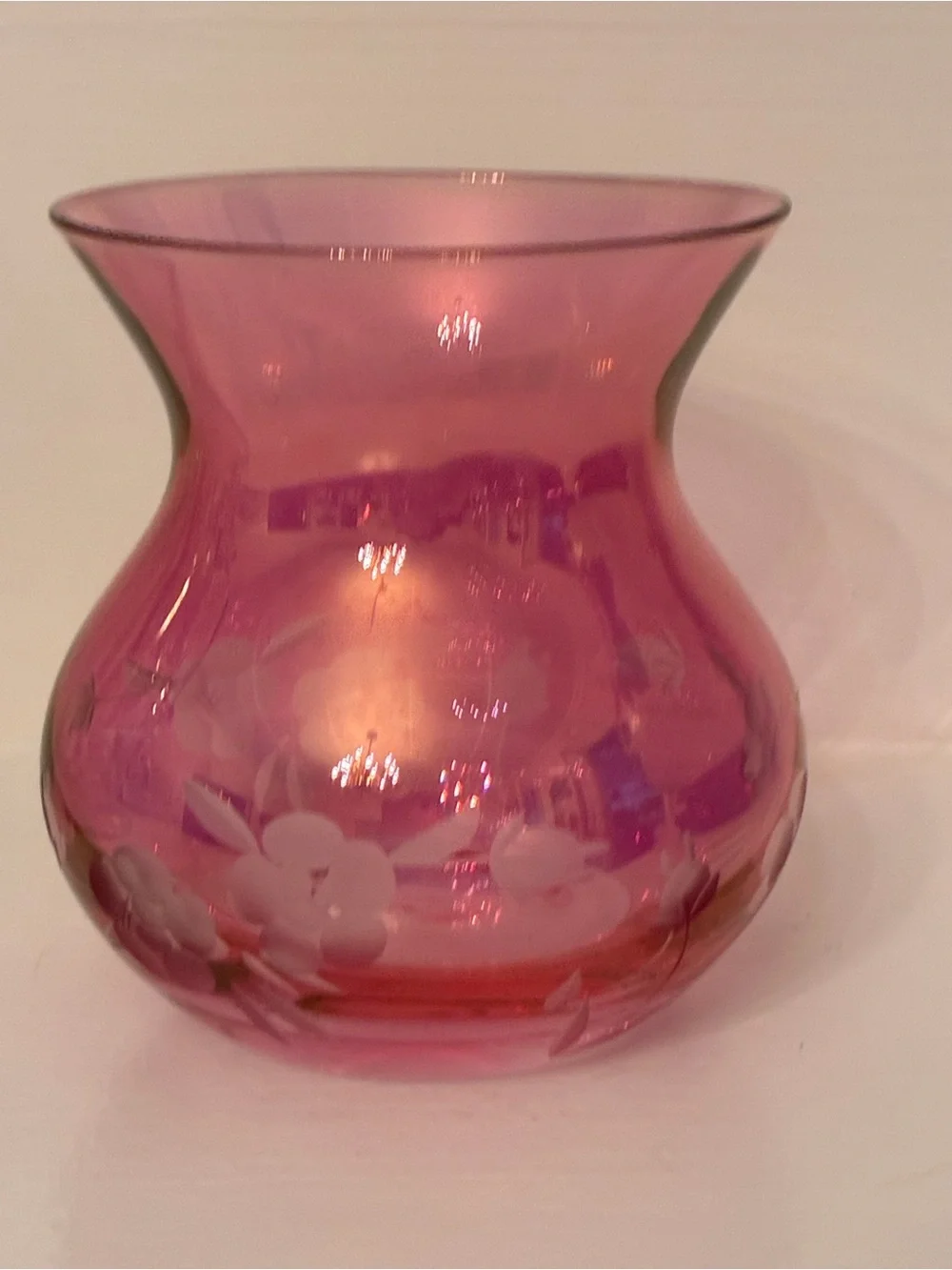 Vintage Iridescent, Cranberry Glass Vase with Hand, Etched Floral Design.